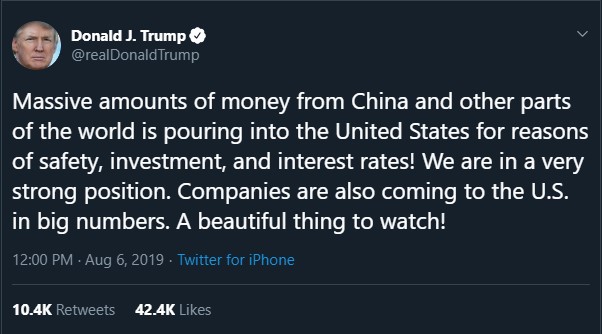 Trump writes on Twitter : “Massive amounts of money from China … is pouring into the United States”